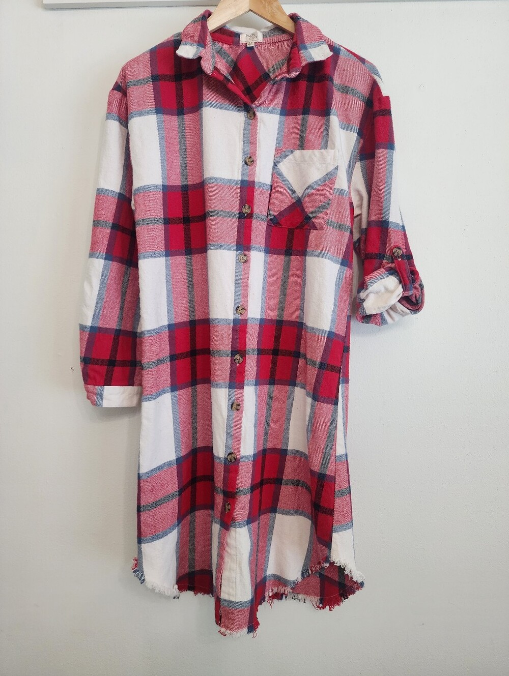 Plaid Flannel Dress Duster Button Down Long Sleeve Red White Med Dizzy Lizzy - Picture 4 of 15